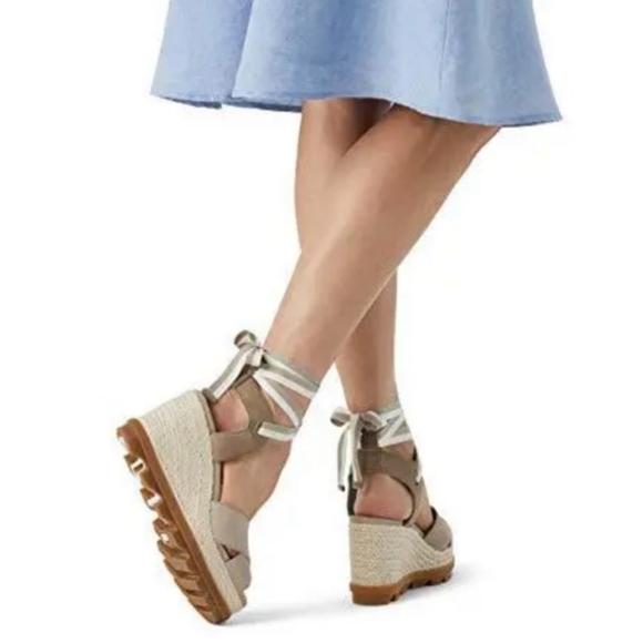 SOREL Joanie II Hi Ankle Lace Up Black Leather Wedge Sandals sz 10 - Picture 3 of 12